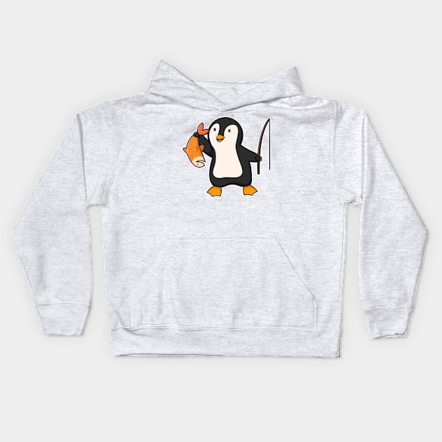 Penguin as Angler with Fish Kids Hoodie by Markus Schnabel